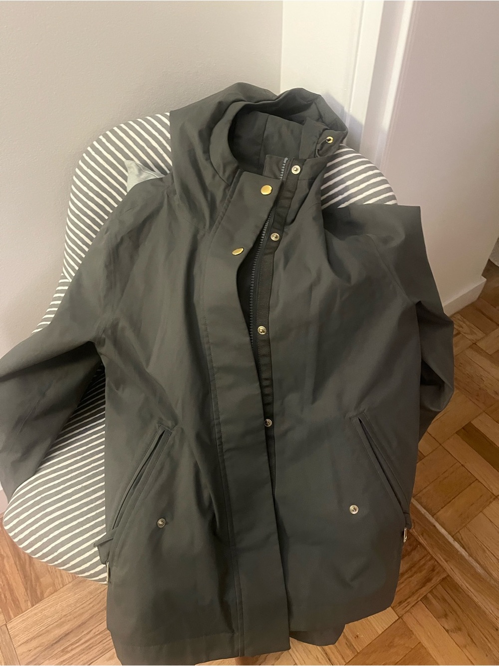 Athleta Dark Olive Hooded Rain Jacket with Gold-Tone Hardware